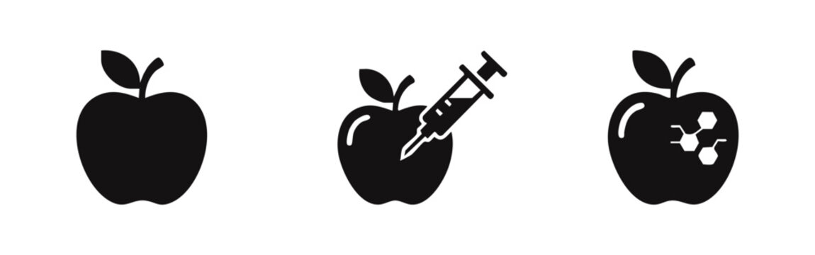 GMO apple and food science icons set representing genetic modification