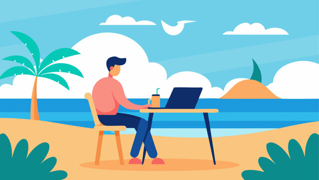 Remote worker, beachside office, tropical getaway, digital nomad
