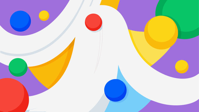 Colorful abstract background, vibrant geometric shapes, purple base, white swirls, multicolored circles