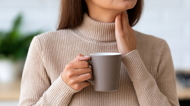 Close-up of anonymous woman rubbing irritated throat while drinking warm tea. Concept of laryngitis, throat inflammation and upper respiratory infection.