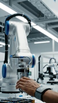 Modern collaborative robot arm working in a clean factory