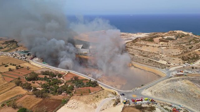 In Maghtab, Malta, a landfill fire sends thick smoke over the waste facility as toxic fumes rise above the industrial area at the Mediterranean site in a static drone view on May 6th, 2026.
