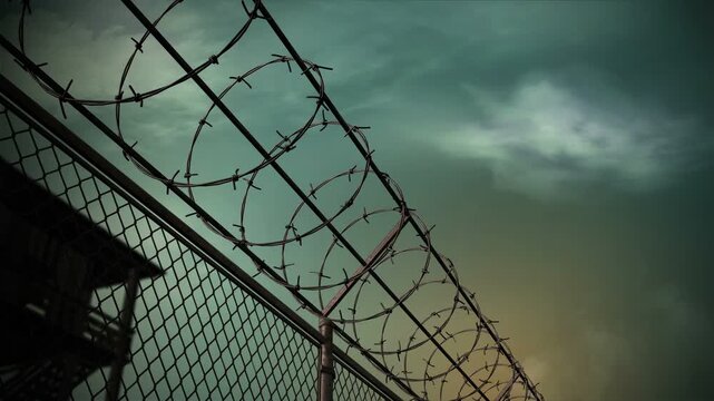 barbed wire fence against the sky loop background