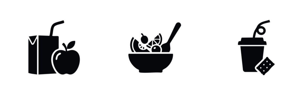 Juice box with apple, fruit salad bowl, to-go cup icons