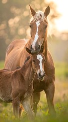 Fototapeta premium A heartwarming scene of two brown horses with white markings