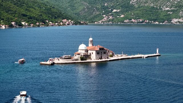 Drone Shot of Gospa od Skrpjela aka Our Lady of Rocks Catholic Church in Kotor Bay, Montenegro