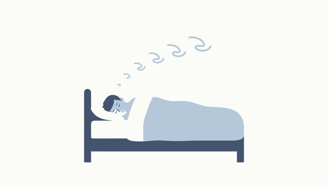 Minimal flat style illustration of a man sleeping peacefully in bed under a light blue blanket, with Z sleep symbols indicating deep rest, on a soft off-white background