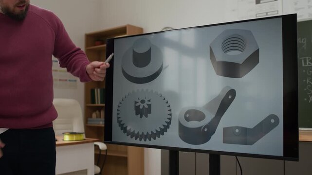 Close up low angle shot of male teacher switching slides of presentation on 3D modelling in modern classroom