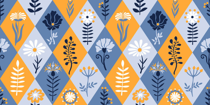 Scandinavian flowers seamless pattern with rhombus in blue, cyan and yellow. Nordic blooming flowers and leaves floral print in minimalist folk style. Great for textile, fabric, wallpaper, wrapping