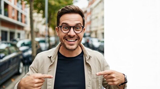 Surprised man pointing at a blank space on the street