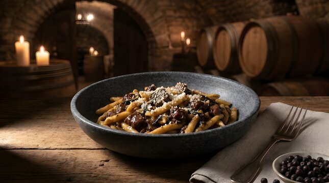 Artisanal pasta with rich venison ragout served in dark wine cellar, traditional gourmet dish in rustic restaurant interior
