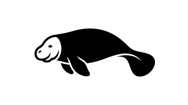 Cute black and white manatee illustration outline style.