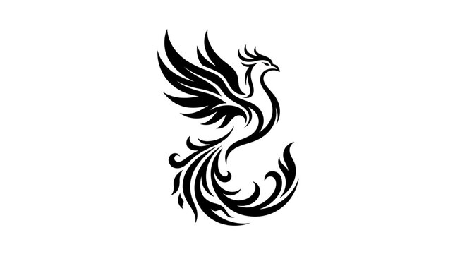 Elegant Black Silhouette of Mythical Phoenix Bird.
