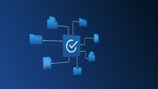 Digital document management workflow system with folder processing pipeline and task data checklist diagram.