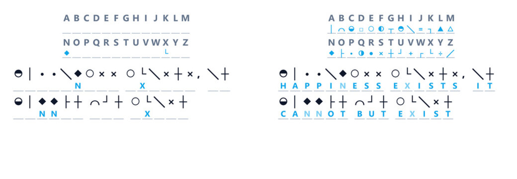 Cryptogram with symbols and letters representing a hidden message  