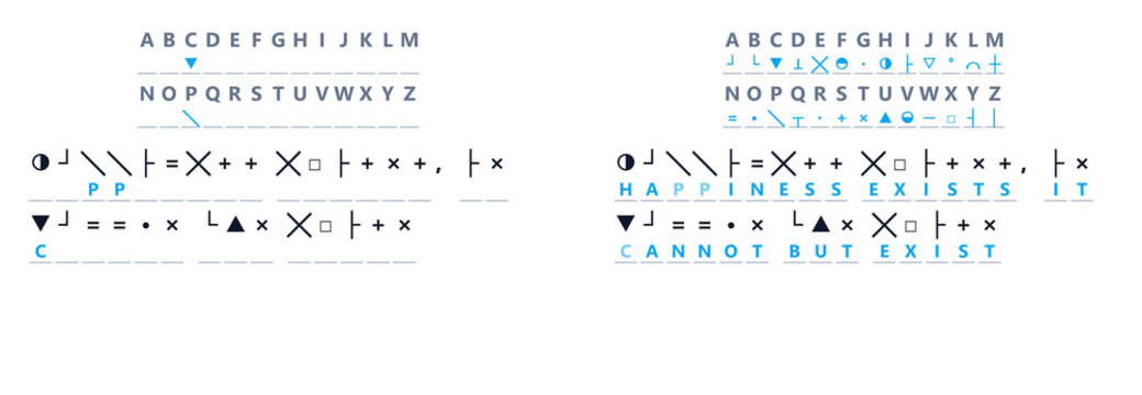 Cryptogram with encoded messages and symbols in blue and white  