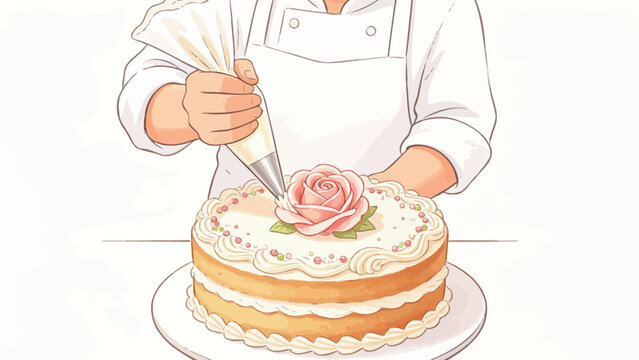 Warm soft pastel line art illustration of an unseen pastry chef piping white cream decoration onto an elegant pink rose-topped layered vanilla sponge cake