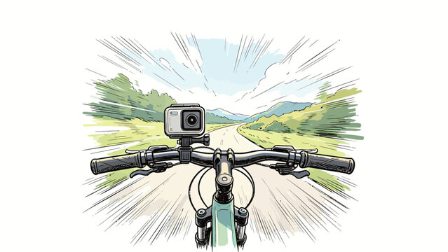 First Person POV From Bicycle Handlebars With Mounted Action Camera, Dynamic Manga Speed Line Art Style, Sunny Winding Rural Countryside Road Landscape