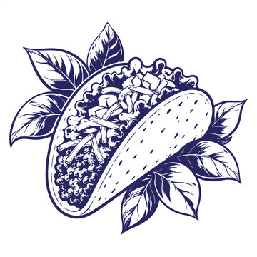 Hand drawn engraving style illustration of a delicious hard shell taco with ground meat shredded cheese fresh lettuce surrounded by leaves fast food design element