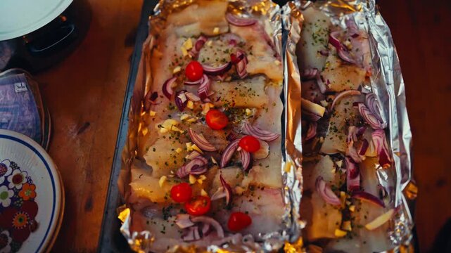 Roasted Fish Fillet Topped With Onions And Cherry Tomatoes. High Angle Shot
