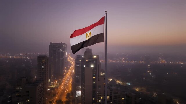 The Iranian flag waves proudly in the breeze against a backdrop of mountains and a cityscape at sunset