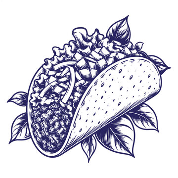 Vintage engraving style illustration of a crispy hard shell taco filled with ground meat shredded cheese fresh lettuce adorned with leaves mexican food fast food