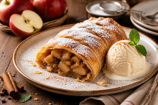Delicious apple strudel served warm with vanilla ice cream and a sprinkle of powdered sugar, perfect for dessert lovers.