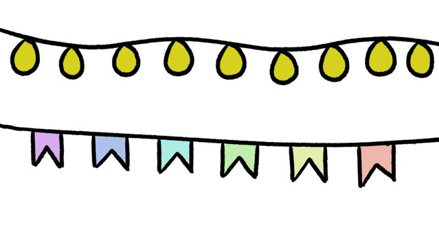 Hand-drawn string lights and colorful flag bunting illustration for decoration, party, celebration, festivals, graphic design element, isolated on transparent background.