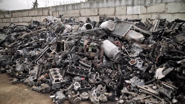 
Recycling of old cars. Automotive scrap. Recycling. Ecology and the environment. Scrap metal from old, destroyed cars. Metal recycling.