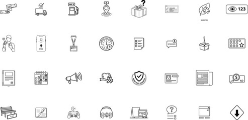 Fototapeta premium Advertising thin liner icon set. Containing Exchange Arrows, Database Server, User Targeting, Delivery Truck, Email Envelope, Billboard Advertisement. Editable vector illustrations. 