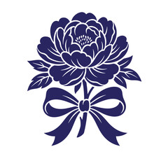 Obraz premium Elegant dark blue peony flower illustration with decorative bow white background graphic design decorative illustration stylized ornamental traditional isolated