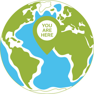 Green and blue illustration of the earth with a green location pin and you are here text