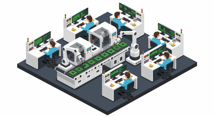 Fototapeta premium Modern smart factory with robotic automation and human collaboration, an isometric vector illustration depicting industrial technology and efficiency