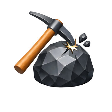 A pickaxe with a wooden handle hitting a large black diamond on transparent background