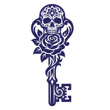 Intricate antique skeleton key with skull rose flower elaborate floral design vector illustration skeleton botanical ornamental intricate