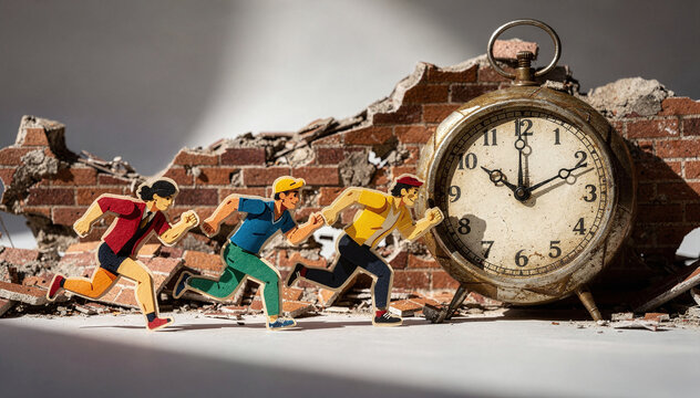 Dynamic still life capture of cardboard cut-out figures, representing diverse individuals, race against an antique clock, with a backdrop of a crumbling brick wall. It evokes concepts of urgency, chal