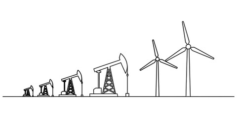 Oil rigs and wind turbines in a line drawing landscape © Alo 2026 Arts