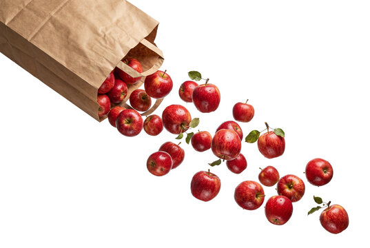 Fresh red apples spilling from a brown paper grocery bag