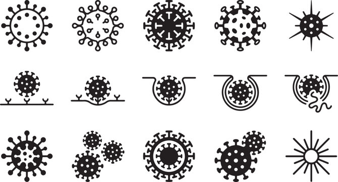 Set of virus life cycle icons and pathogen structures representing infection stages cell entry replication and viral mutation types.