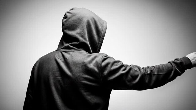 Mysterious figure pointing forward with hooded anonymity