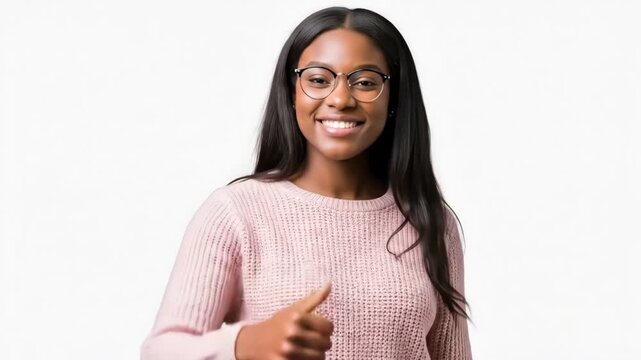 Smiling woman giving a thumbs-up in a cozy sweater