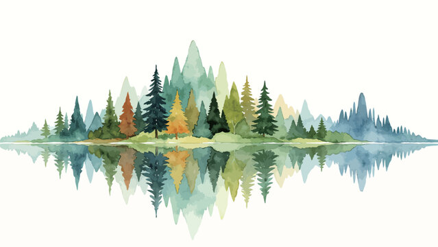 Minimalist Symmetrical Watercolor Landscape of Evergreen Coniferous Forest Shoreline, Distant Peaks, Calm Lake Mirror Reflection, Soft Muted Earthy Nature Palette