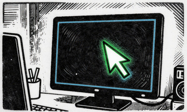 dark computer monitor soft blue backlighting reveals glowing green cursor blinking rapidly black screen dimly lit