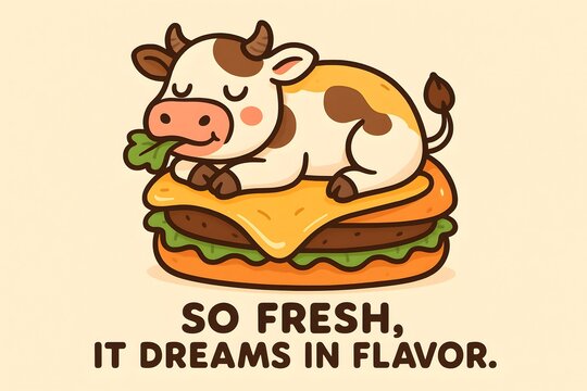 A cow is lying on top of a hamburger and munching on a salad