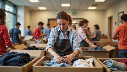 Obraz premium Volunteer woman organizing clothes in boxes at charity event indoors 