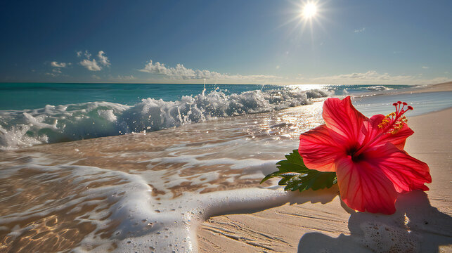 Hibiscus petals and ocean waves crashing on sun‑kissed sand, summer beach macro, photorealistic style