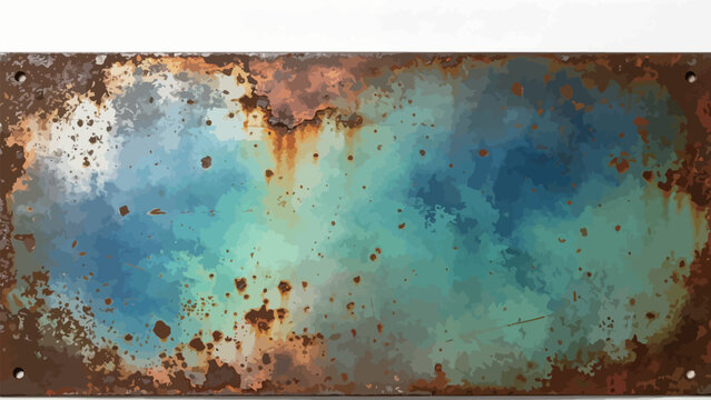 Blank Weathered Vintage Rectangular Metal Sign Plate with Turquoise Blue Patina, Rusted Edges, Corner Mounting Holes, Aged Pitted Corrosion Texture