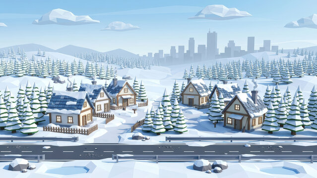 Snowy winter village street game background with city silhouette.