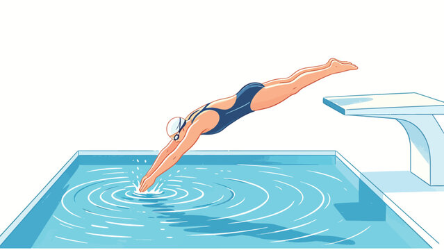 Minimalist retro flat illustration of a female competitive swimmer in streamlined dive pose entering rippling blue pool water from a starting block