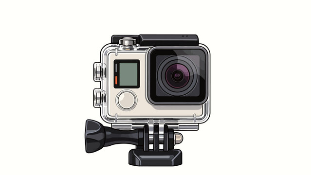 Polished modern vector illustration of a compact wide-angle action camera with front status screen, in clear waterproof housing with mounting hardware, on clean white background